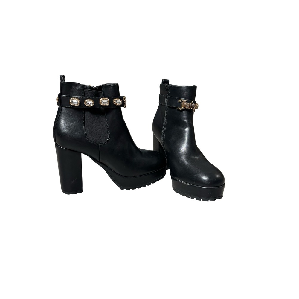 Juicy Couture Python Black Platform Ankle Boots Size 8 Rhinestone Block Heel